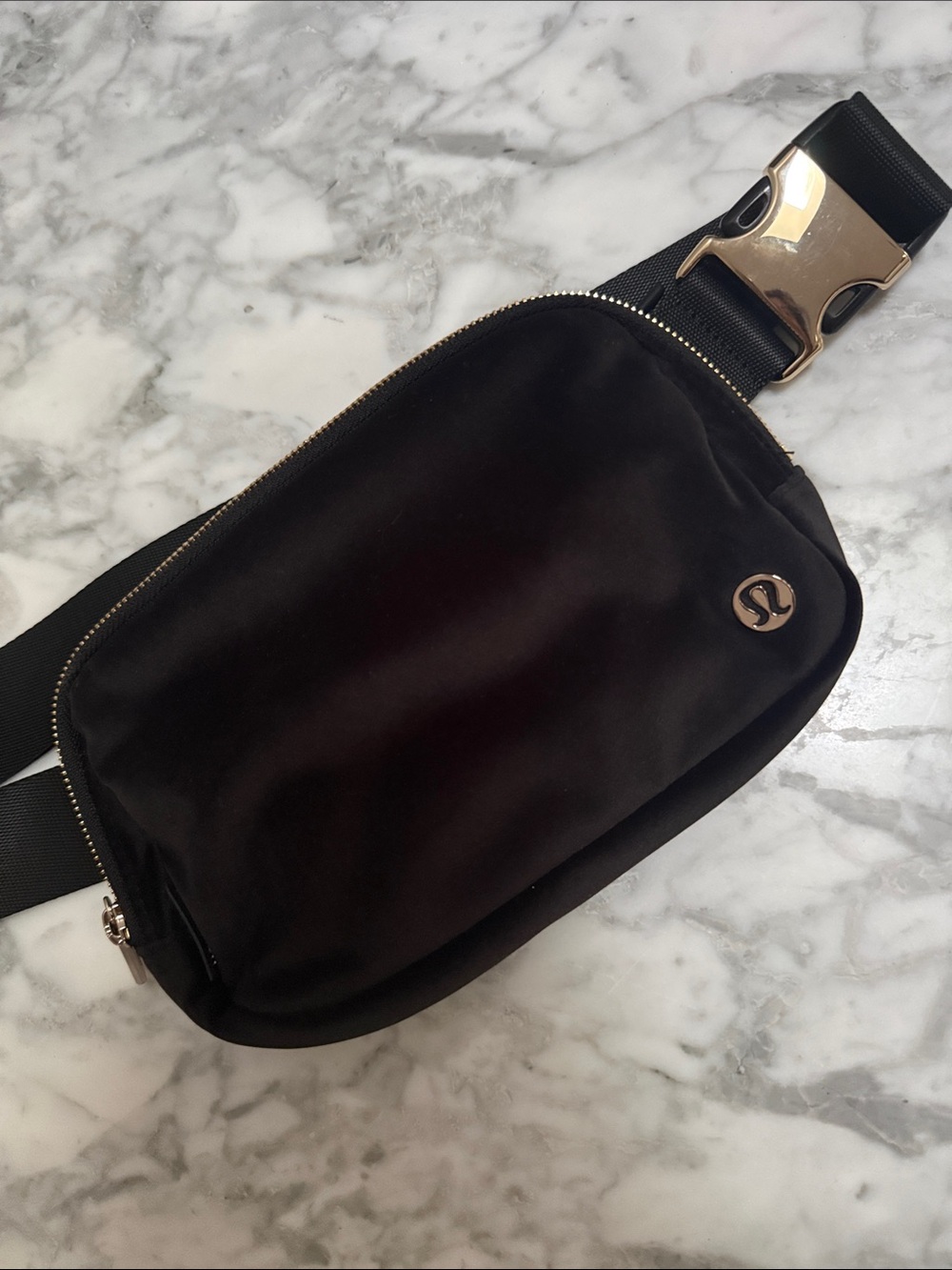 NWOT never used Lululemon athletica velour Black Belt Bag with Gold Hardware